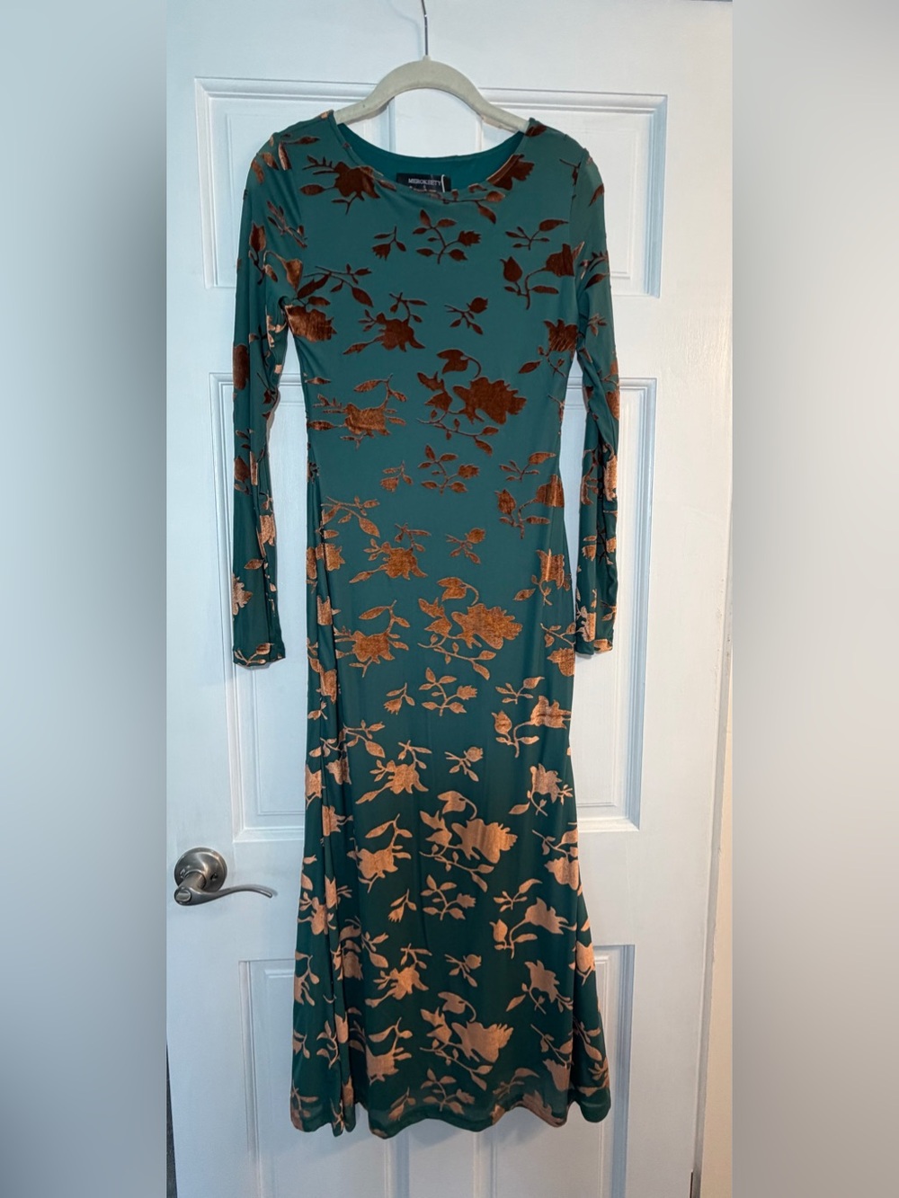 Teal Green Long Sleeve Floral Velvet-Print Maxi Dress